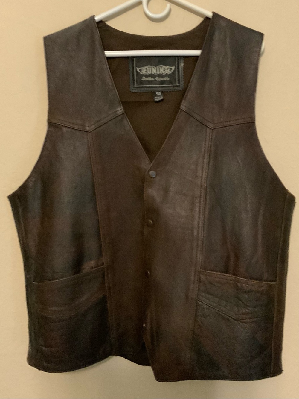 Unik Brown Leather Men's Vest with Front Pockets size 50